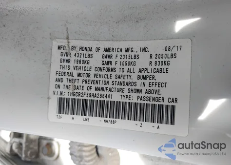 2017 Honda Accord Sport from USA, damaged, VIN 1HGCR2F59HA286441